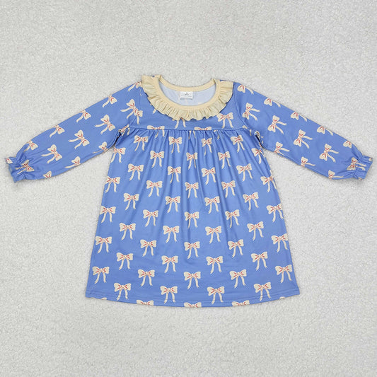 Baby Girls Dress Blue Bows Ruffle Knee Length Dresses GLD0897