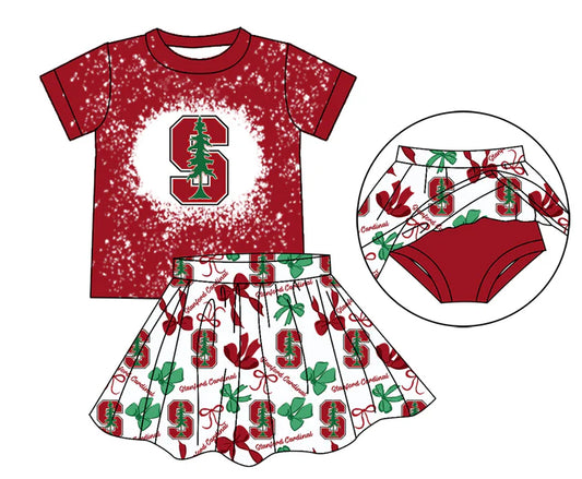 Preorder moq 5 red S bleached top bow skirt girls team outfits 8.23
