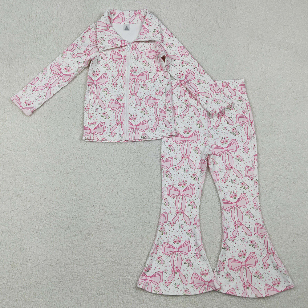 Baby Girls Clothes Pink Floral Bows Pockets Zipper Top Bell Bottom Pant Yoga Set GLP2440 11.1