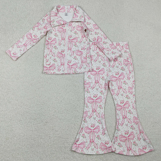 Baby Girls Clothes Pink Floral Bows Pockets Zipper Top Bell Bottom Pant Yoga Set GLP2440 11.1