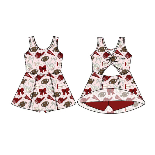 Preorder (moq 5)Baby Girls Sleeveless Dark Red Bows Footballs Shorts Team Knee Length Dresses 7.17