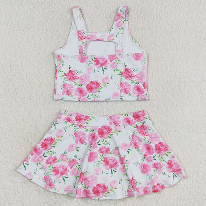 Baby Girls Swimwear Summer Pink Flowers Top Skirts Swimsuits Sets GSD0994