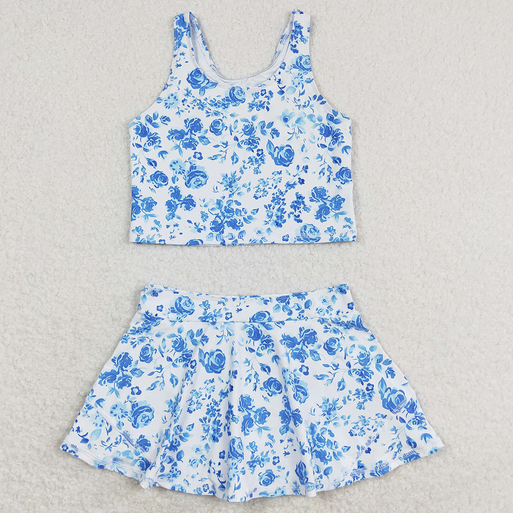 Baby Girls Swimsuits Summer Blue Flowers Top Skirts Active Wear Clothes Sets GSD0995