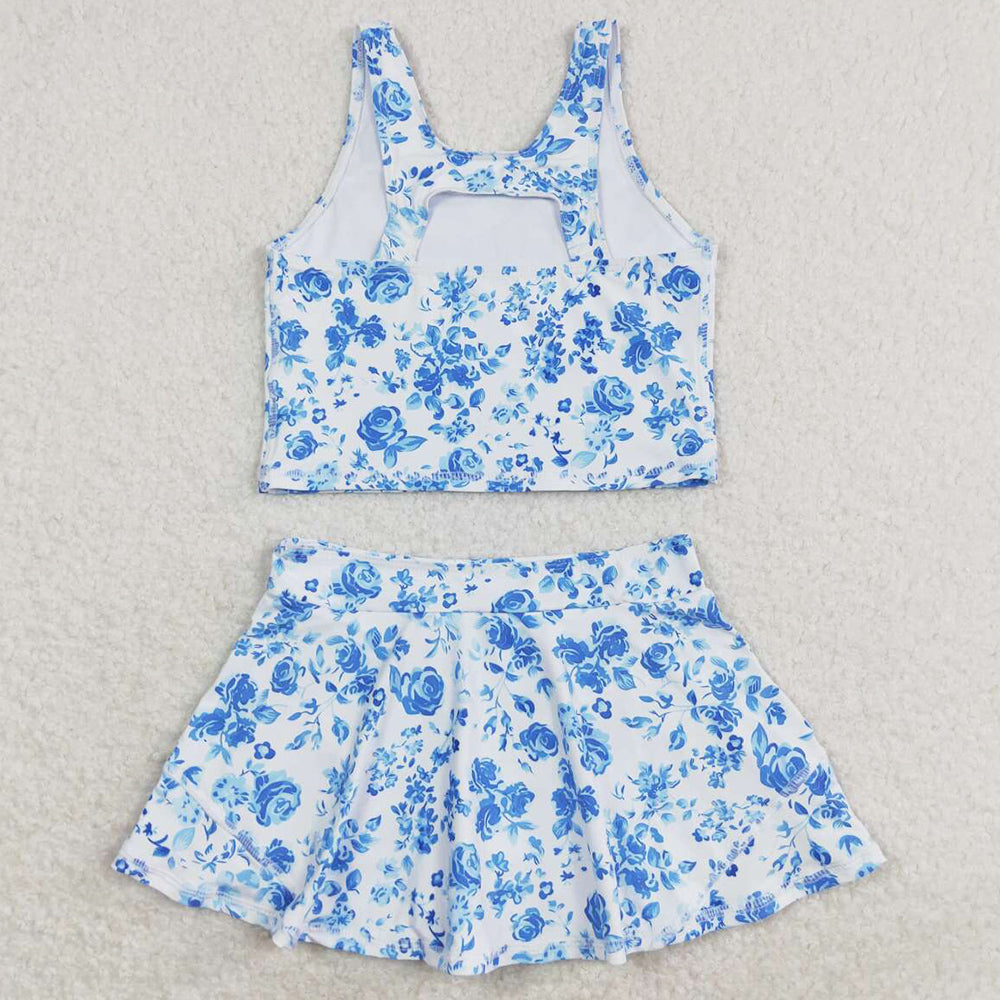 Baby Girls Swimsuits Summer Blue Flowers Top Skirts Active Wear Clothes Sets GSD0995