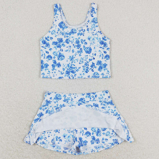 Baby Girls Swimsuits Summer Blue Flowers Top Skirts Active Wear Clothes Sets GSD0995