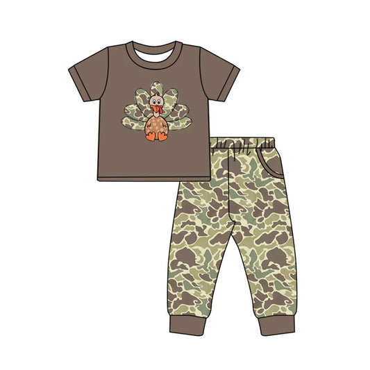 Preorder(moq 5) Baby Boys Brown Thanksgiving Turky camo Top Pants Outfits Sets 8.14