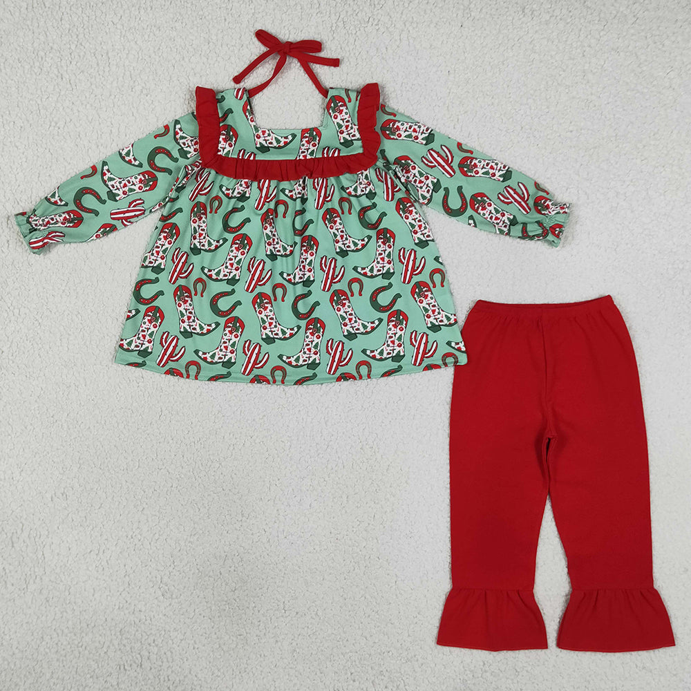 Baby Girls Trees Holly Boots Cactus Tunic Ruffle Pant Christmas Clothes Sets GLP2355