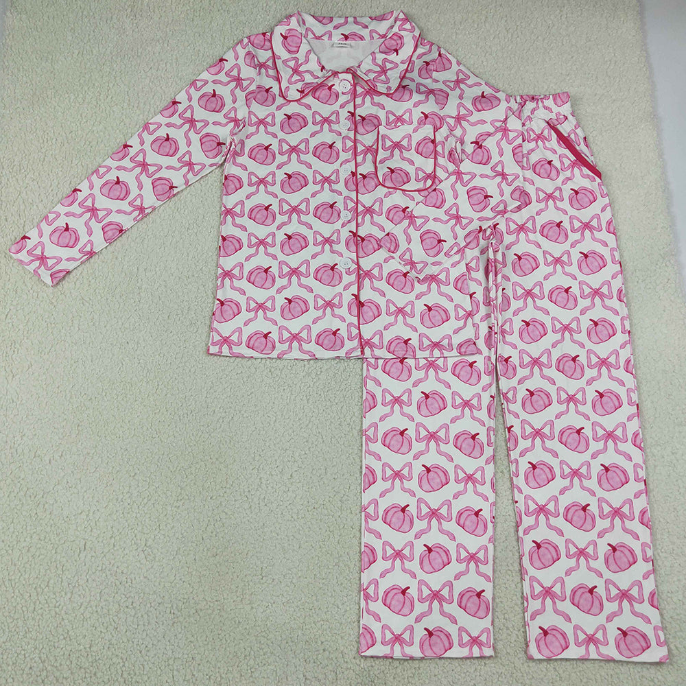 Adult Women Pajamas Bows Pumpkins Button Top Pockets Pant Fall Pajamas Sets GLP3423