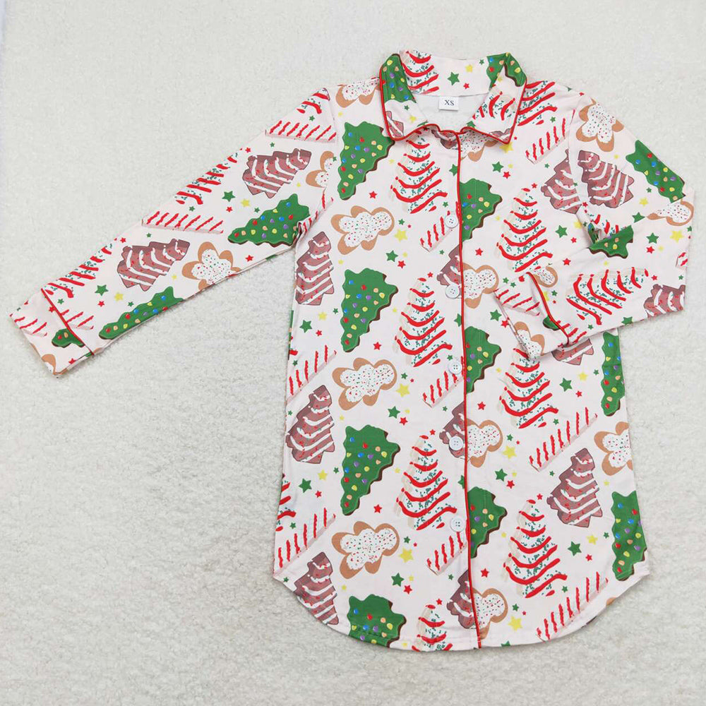 Adult Women Shirt Dress Christmas Tree Cakes Tops Sleep Wear Lounge Pajamas GT0622