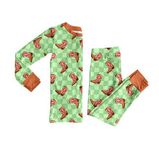 Preorder(moq 5) Baby Boys Green Checkered Boots Top Pants Lounge Wear Pajamas Sets 8.8
