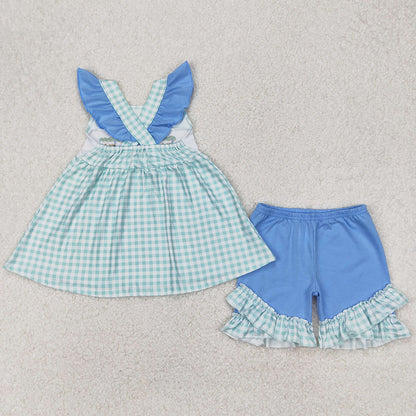 Baby Girls Clothes Green Fishes Embroidery Straps Tunic Top Ruffle Shorts Sets GSSO2148 3.19