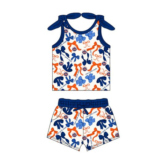 Preorder MOQ 5 pcs sleeveless blue orange bow top shorts girls team clothes 8.26