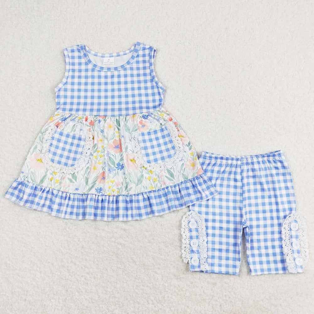 Baby Girls Clothes Blue Flowers Checkered Pocket Tunic Legging Sets GSSO0908