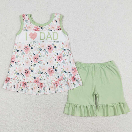 Baby Girls Clothes I Love Dad Green Flowers Tunic Top Shorts Sets GSSO1178