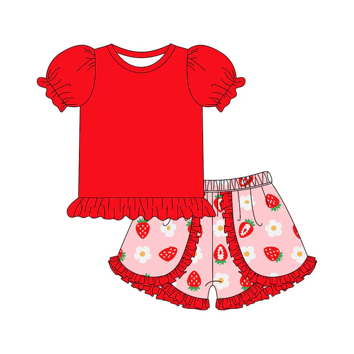 Preorder moq 5 Baby Girls Red Short Ruffle Sleeves Tunic Strawberry Flowers Ruffle Short Set 4.17