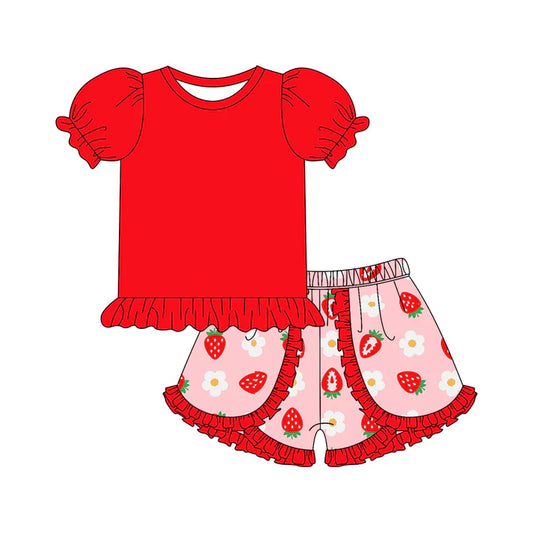 Preorder moq 5 Baby Girls Red Short Ruffle Sleeves Tunic Strawberry Flowers Ruffle Short Set 4.17
