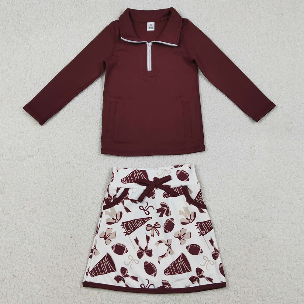 Baby Girls Clothes Dark Red Pullovers Bow Football Pockets Skirt Shorts Go Team Yoga Active Clothes Set GLD1384 12.5