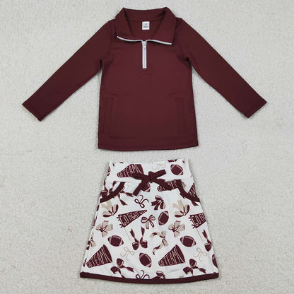 Baby Girls Clothes Dark Red Pullovers Bow Football Pockets Skirt Shorts Go Team Yoga Active Clothes Set GLD1384 12.5
