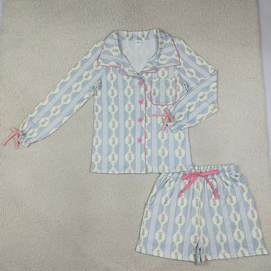 Adult Women Pajamas Bows Trees Button Pocket Top Shorts Christmas Pajamas Set GLS0114