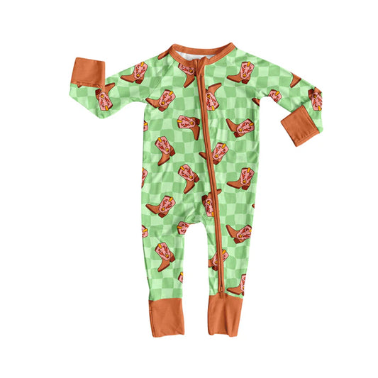 Preorder(moq 5)Baby Infant Green Checkered Boots Zipper Footie Rompers 8.8