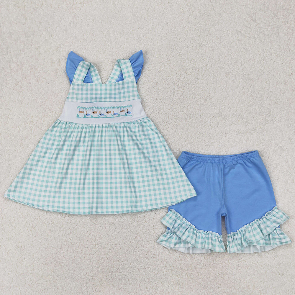 Baby Girls Clothes Green Fishes Embroidery Straps Tunic Top Ruffle Shorts Sets GSSO2148 3.19