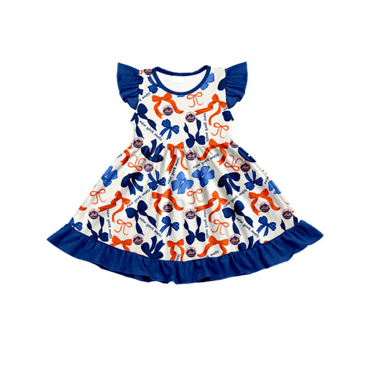 Preorder (moq 5) flutter sleeves orange blue bows girls team dress 8.26