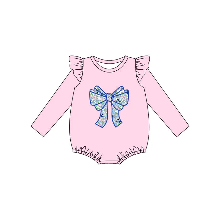 preorder(moq 5)Baby Infant Girls Pink Floral Bow Flutter Sleeve Long Sleeve Rompers 7.21