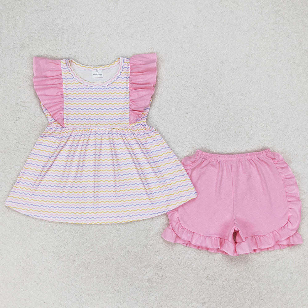 Baby Girls Clothes Wave Stripes Tunic Ruffle Shorts Clothes Sets GSSO0976