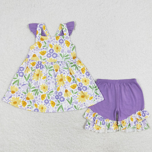 Baby Girls Clothes Purple Flowers Tunic Top Ruffle Shorts Sets GSSO1177