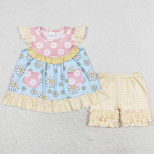 Baby Girls Clothes Sunflowers Flutter Sleeve Tunic Tops Ruffle Shorts Clothes Sets GSSO1036