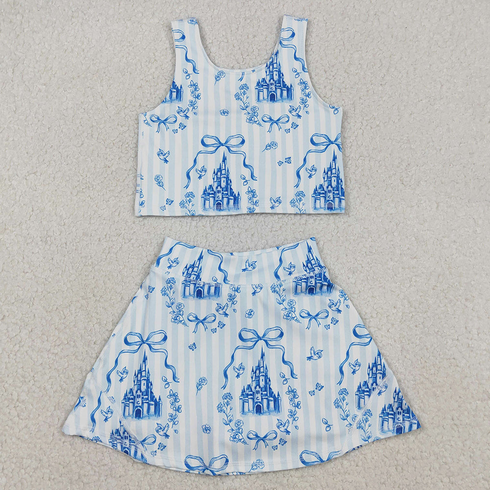 Baby Girls Clothes Blue Castles Bows Top Skirt Shorts Yoga Active Clothes Set GSD3067 12.10