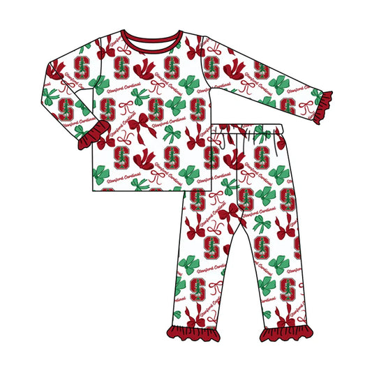 Preorder MOQ 5 Long sleeves S red bow kids girls team pajamas 8.25