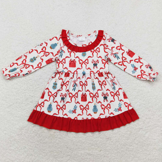 Baby Girls Dress Christmas Candy Cane Bows Ruffle Knee Length Dresses GLD0523