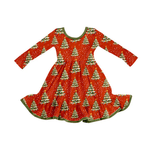 Preorder (moq 5)Baby Girls Christmas Trees Red Ruffle Knee Length Dresses 8.8
