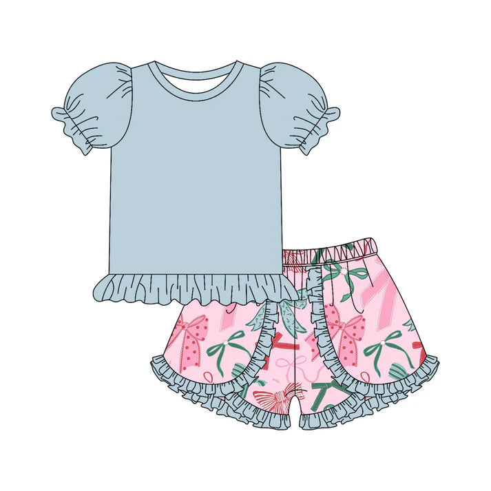 Preorder moq 5 Baby Girls Blue Short Ruffle Sleeves Tunic Colorful Bows Ruffle Short Set 4.17