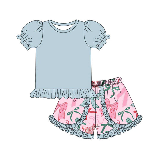 Preorder moq 5 Baby Girls Blue Short Ruffle Sleeves Tunic Colorful Bows Ruffle Short Set 4.17