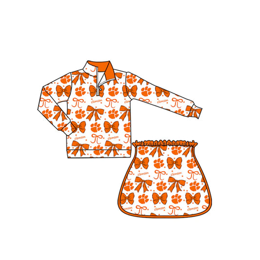 Preorder (moq 5)Baby Girls Orange Clemson Bows Team Zip Pullovers Skort Team Clothes Sets 8.29