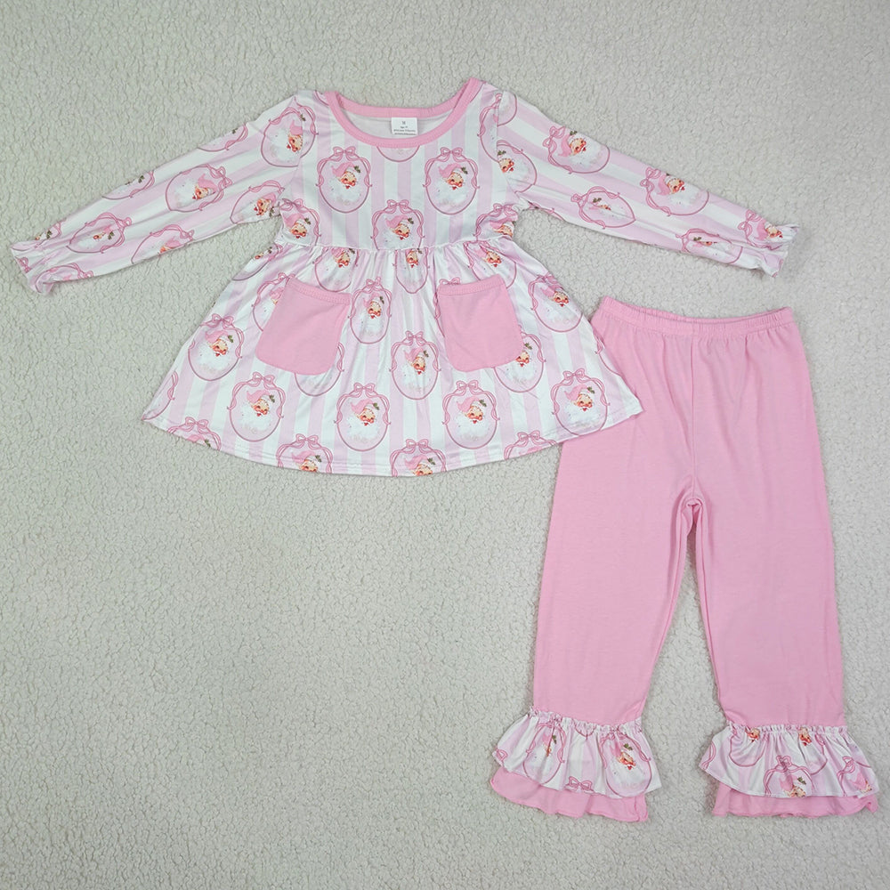 Baby Girls Clothes Pink Stripe Bows Santa Pockets Tunic Ruffle Pant Christmas Clothes Sets GLP3456