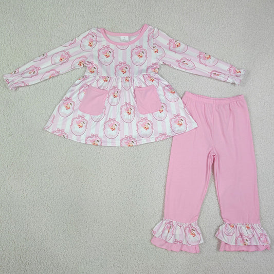 Baby Girls Clothes Pink Stripe Bows Santa Pockets Tunic Ruffle Pant Christmas Clothes Sets GLP3456