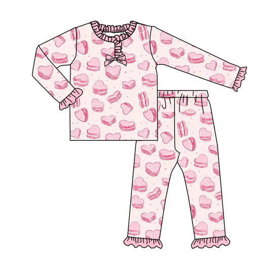 Preorder (moq 5)Baby Girls Pink Hearts Cookie Top Ruffle Pants Valentine Pajamas Sets 9.4