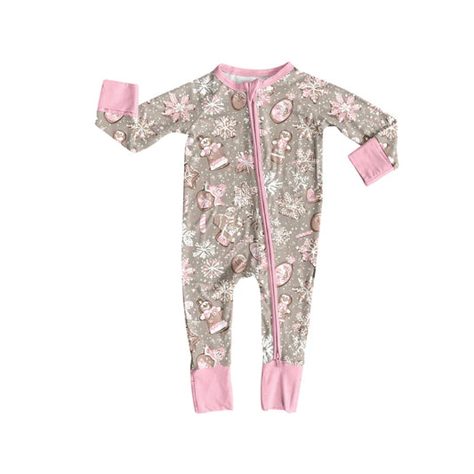 Preorder (moq 5)Baby Girls Light Pink Long Sleeves Gingerbread Snowflake Zipper Rompers 6.4