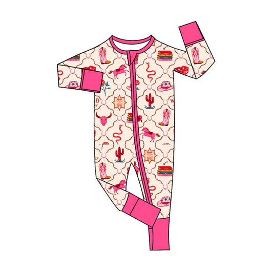 Preorder (moq 5)Baby Girls Horses Cactus Bull Skulls Western Zipper Footie Rompers 10.27