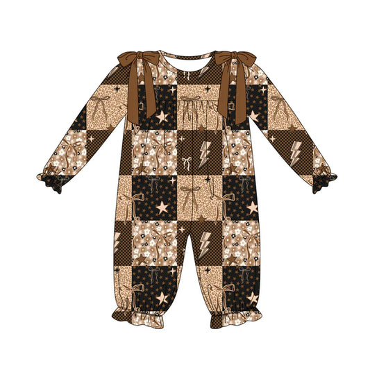 Preorder (moq 5)Baby Girls Brown Long Sleeves Flowers Bows Plaid Ruffle Pant Romper 7.5