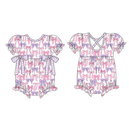 Preorder (moq 5)Baby Girls Short Ruffle Sleeve Pink Purple Bows Plaid Rompers 10.16