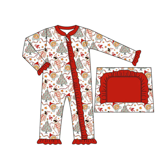 Preorder moq 5 Baby Infant Girls Long Sleeves Hat Elf Candy Cane Trees Ruffle Zipper Romper 7.14