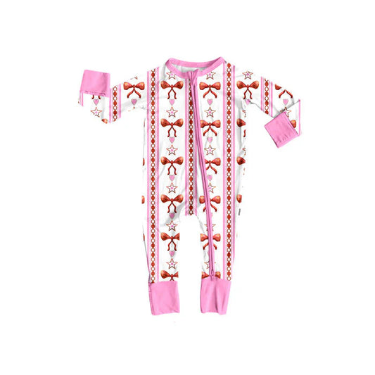 Preorder (moq 5)Baby Girls Pink Bows Hearts Stripe Valentine Zipper Footie Rompers 10.18