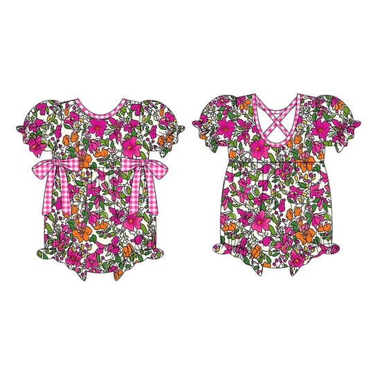 Preorder (moq 5)Baby Girls Short Ruffle Sleeve Hot Pink Floral Bows Rompers 10.16