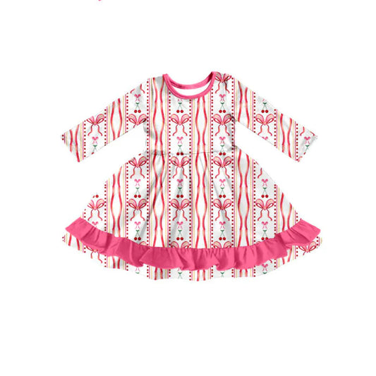 Preorder(moq 5) Baby Girls Pink Bows Cherry Stripe Valentine Ruffle Knee Length Dresses 10.17