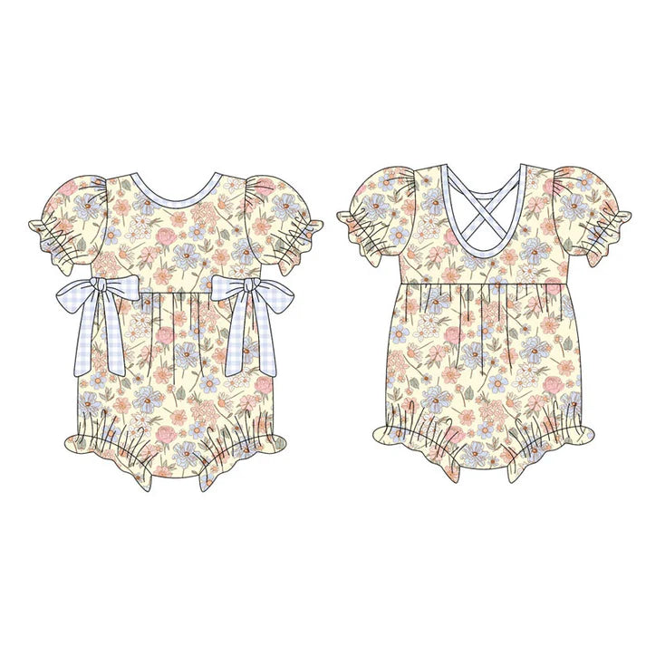 Preorder (moq 5)Baby Girls Short Ruffle Sleeve Pink Blue Flowers Bows Rompers 10.16