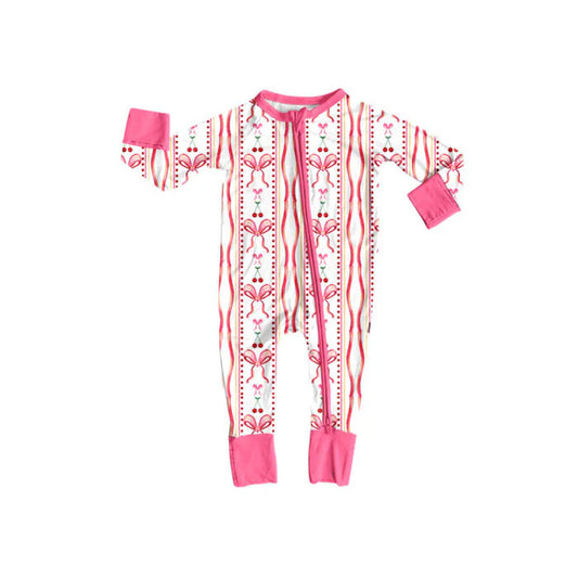 Preorder (moq 5)Baby Girls Pink Bows Cherry Stripe Valentine Zipper Footie Rompers 10.17